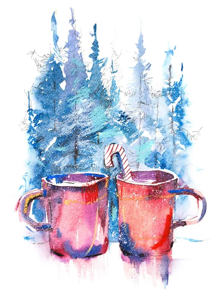 Winter still life cups of hot coffee on windowsill against snow landscape. — Stock Photo, Image