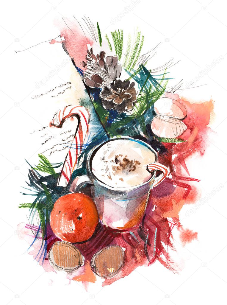 Christmas still life Watercolor. Winter, New year.