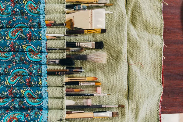 Art brushes different types for drawing on table. — Stock Photo, Image