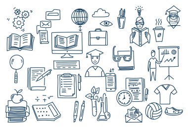 Elle çizilmiş vektör doodle okul simgeler ve semboller.