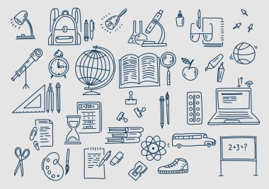 Elle çizilmiş vektör doodle okul simgeler ve semboller.
