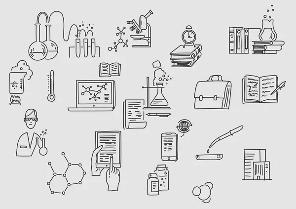 Handritad doodle kemi. Utbildning och vetenskap. Kunskap, lektion, laborativt arbete. — Stock vektor