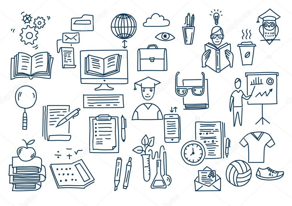 Hand drawn vector doodle school icons and symbols.