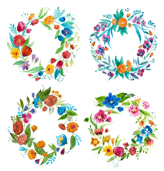 Aquarell-Zeichnung von hellen rustikalen Krönchen aus Gartenblumen handgezeichnet — Stockfoto