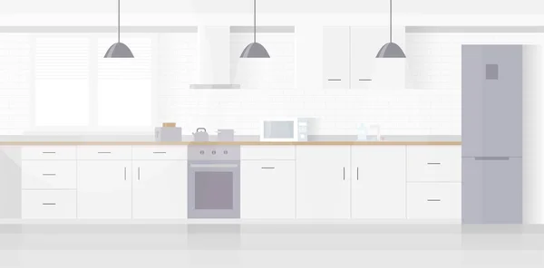 Interior de luz nova moderna da cozinha com mobília branca — Vetor de Stock