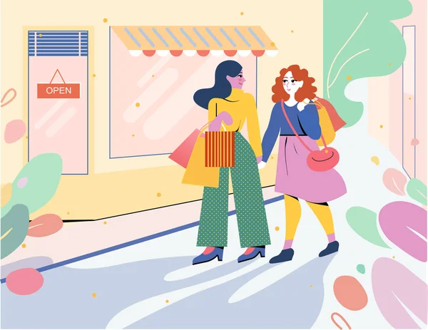To piger går fra butikken med indkøbsposer . – Stock-vektor