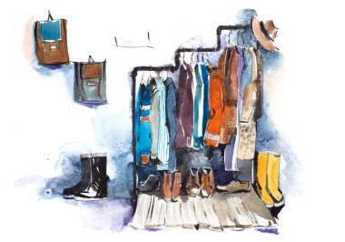 Clothing store shelving and display of clothes. clipart