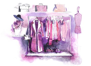 Bayan giyim üzerinde raf, aksesuarlar moda kıyafet. Alışveriş.