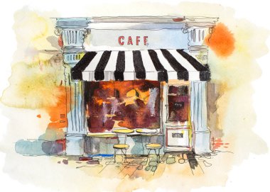 Avrupa retro restoran ya da kafe suluboya resim
