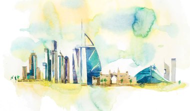 Dubai Cityscape Simgesel Yapı siluetinin manzarası. Suluboya resim