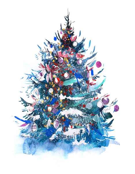 Décoré arbre de Noël Nouvel An Aquarelle illustration — Photo