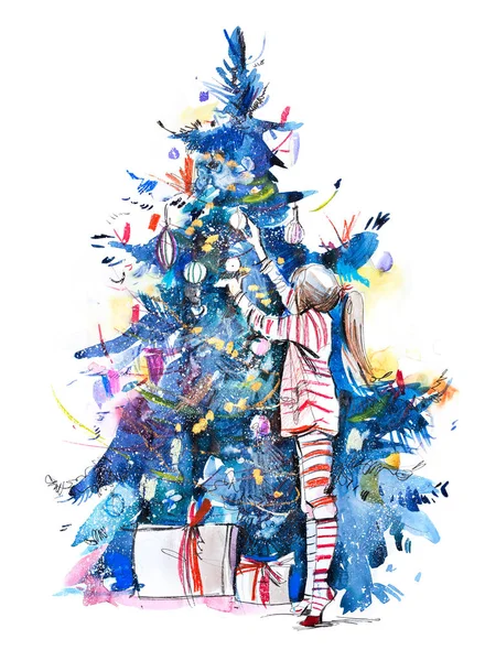 Petite fille décorant l'arbre de Noël avec des jouets et des boules. Nouvel an. Le gamin se prépare pour Noël. Aquarelle — Photo