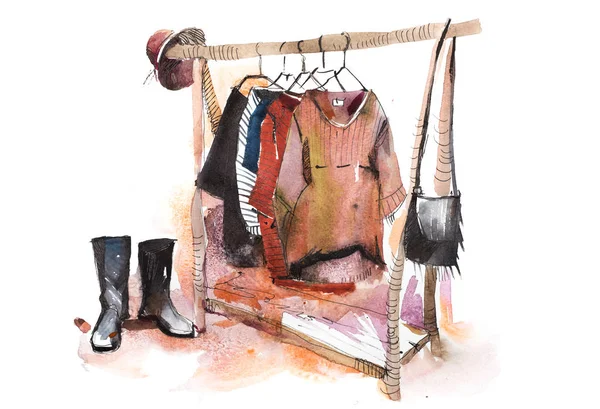 Nákupní centrum obchod oblečení výstava oblečení displej oděv stojan na akvarel — Stock fotografie