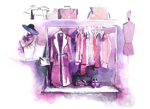 Kläder på rack, tillbehör mode outfit. Shopping. — Stockfoto