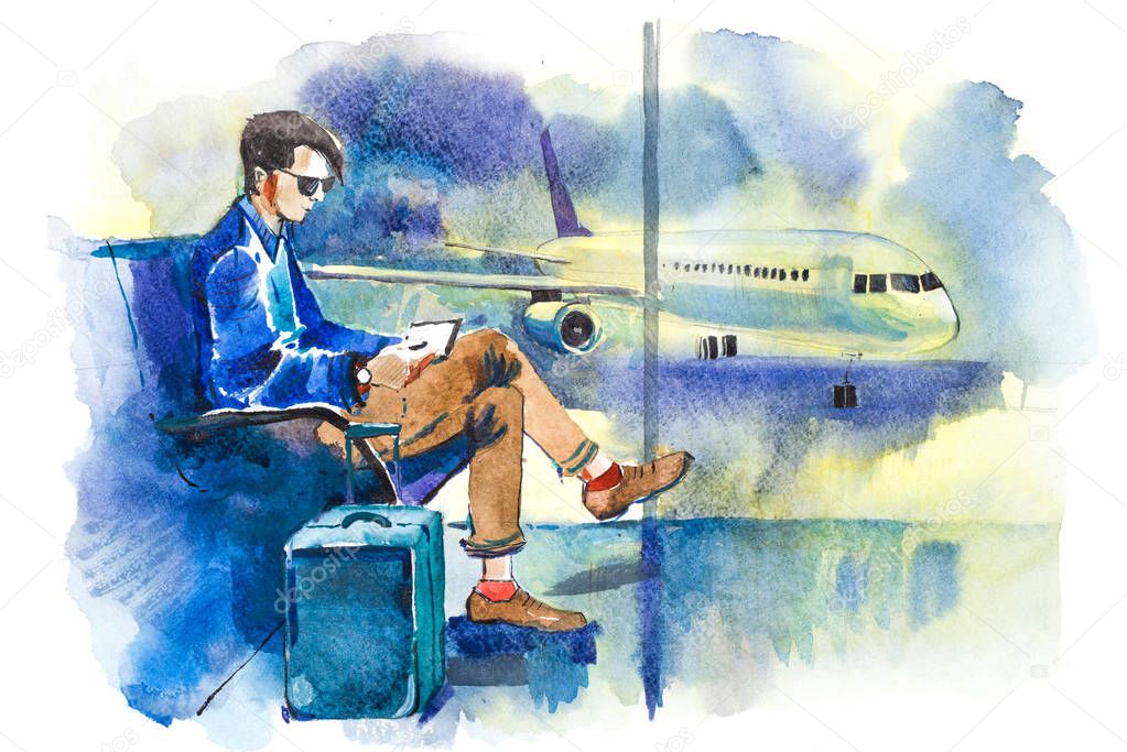 Man waiting boarding on aircraft sitting in airport lounge