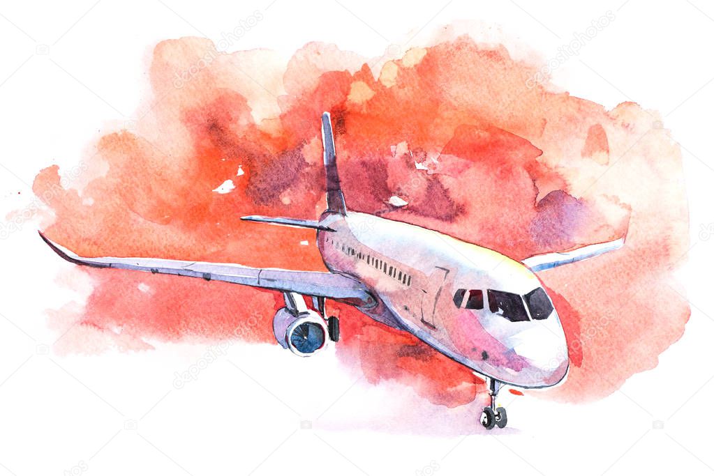 Aircraft is at the airport on the take-off field watercolor.