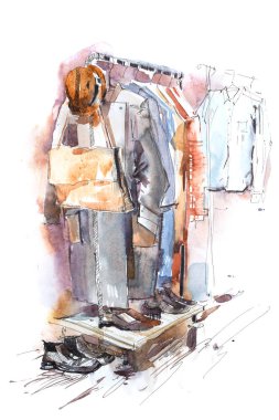 Alışveriş merkezi mağaza giyim sergisi giyim görüntü giysi raf suluboya