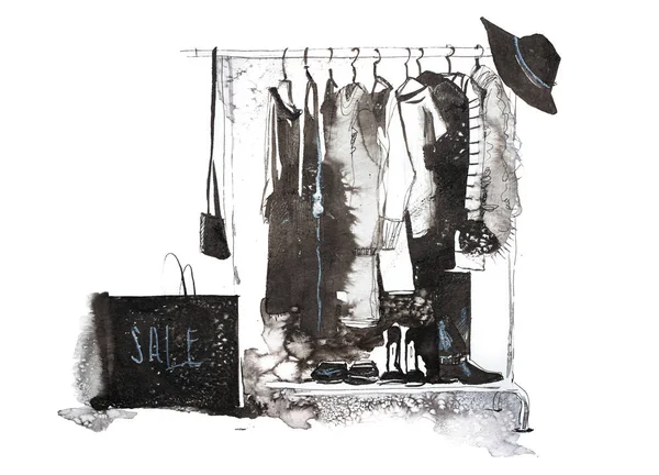 Kleiderladen. Geschäft mit neuer Kollektion Damenbekleidung auf Kleiderbügel. — Stockfoto