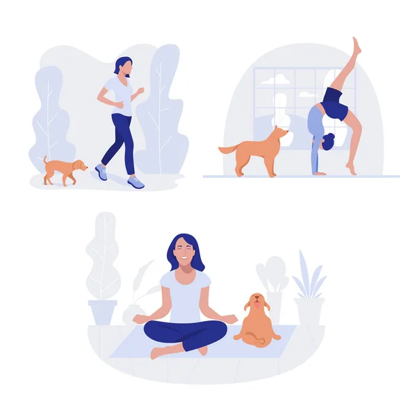 Mujer y perro. Estilo de vida saludable, ejercicio, ejercicio — Archivo Imágenes Vectoriales