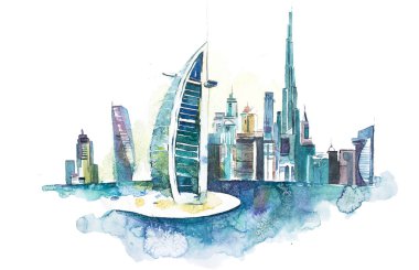 Dubai Cityscape Simgesel Yapı siluetinin manzarası. Suluboya resim