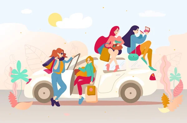 Grupa dziewcząt z torby po zakupach w samochodzie — Wektor stockowy