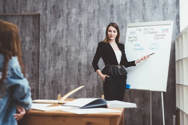 Lärare förklara skillnader mellan amerikansk och brittisk stavning skriva på whiteboard medan vuxna studenter sitter vid skrivbord Lyssna på henne i engelska skolan — Stockfoto