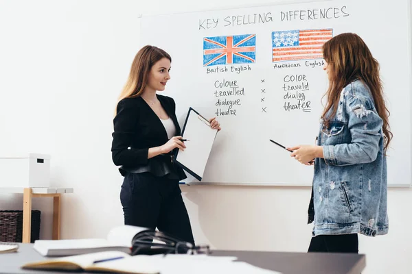 Engelse taalschool. Les, docent en student praten. — Stockfoto