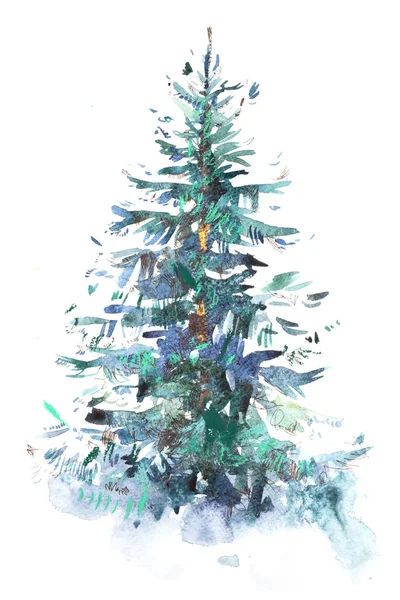 Albero di Natale decorato Anno nuovo Illustrazione ad acquerello Disegno ad acquerello — Foto Stock