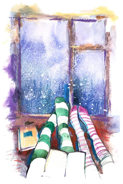 Couple sitting together. Winter and Christmas holidays. Feet in socks — Stock Photo, Image