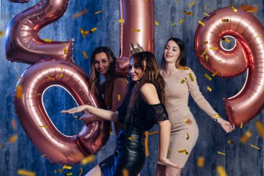 Bayan arkadaş oynarken ve dans kutluyor. Yeni yıl, yılbaşı, Xmas.