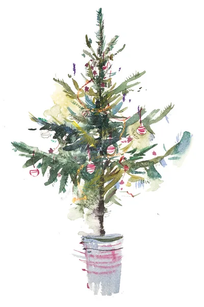 Karácsonyfa. Új év, karácsony ünnepe. Akvarell rajz. Akvarell festészet — Stock Fotó