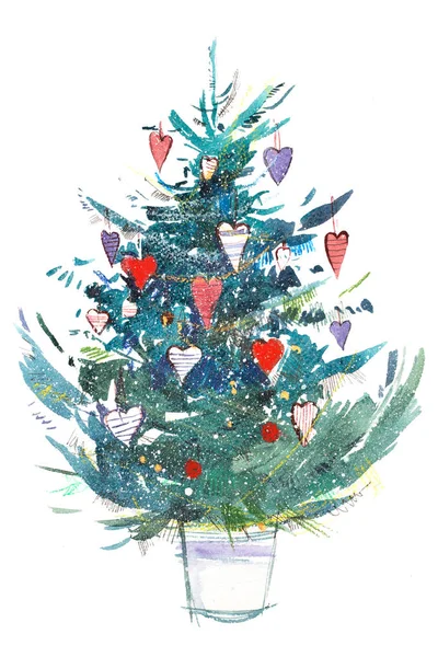 Karácsonyfa. Új év, karácsony ünnepe. Akvarell rajz. Akvarell festészet — Stock Fotó