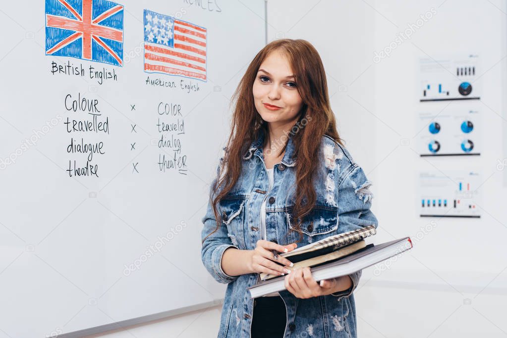 Female student looking at camera. English language school.