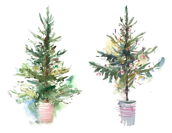 Díszített karácsonyfa újév akvarell illusztráció víz színes rajz — Stock Fotó