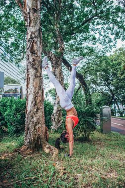 Ağaca yaslanmış amut yoga egzersiz yaparak sportif genç kadın