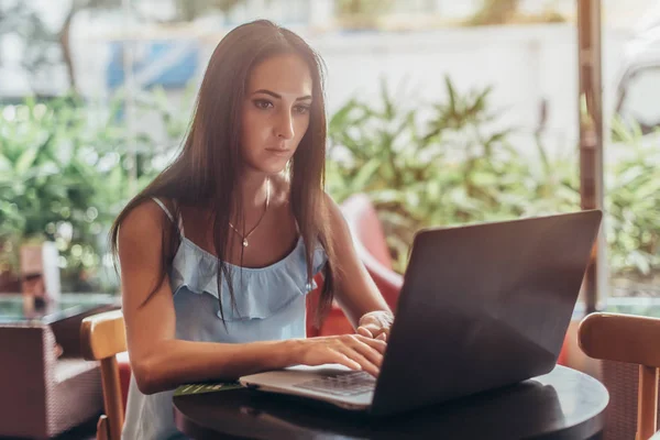 Retrato de jovem freelancer do sexo feminino trabalhando no laptop sentado no café — Fotografia de Stock