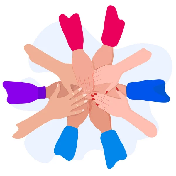 Mensen brengen hun handen samen. Vrienden met stapel handen. Eenheid en teamwork, bovenaanzicht. — Stockvector