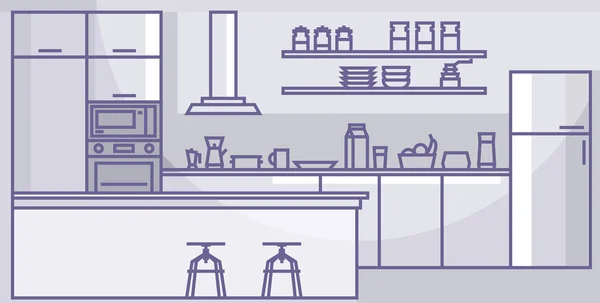 Interno cucina moderna Casa elettrodomestici da cucina mobili Lineare vettoriale illustrazione . — Vettoriale Stock