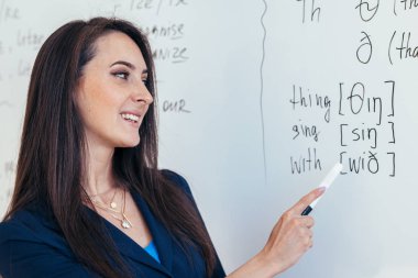 Learn english language. Teacher near whiteboard explains the rules. clipart