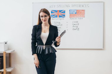 Kadın öğretmen kameraya bakıyor. İngilizce Dil Okulu.