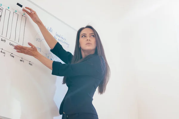 Female business trainer giving presentation on whiteboard — Stock Photo, Image