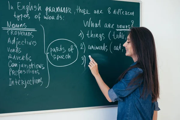 The teacher writes English rules on the blackboard. Learn language — Stock Photo, Image