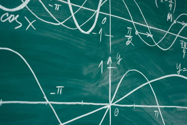 Clase de matemáticas en la escuela. Trigonometría. Gráficos de función de pizarra . — Foto de Stock