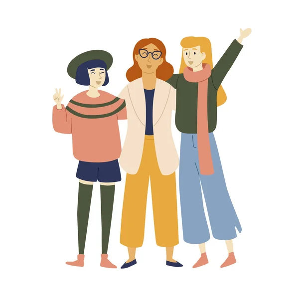 Мультирасовые друзья, позирующие и обнимающие Портарейта, изображают трех красивых девушек, позирующих и смотрящих в камеру . — стоковый вектор