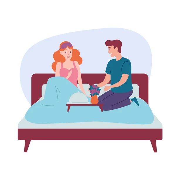 Romántica pareja feliz desayunando en la cama — Archivo Imágenes Vectoriales