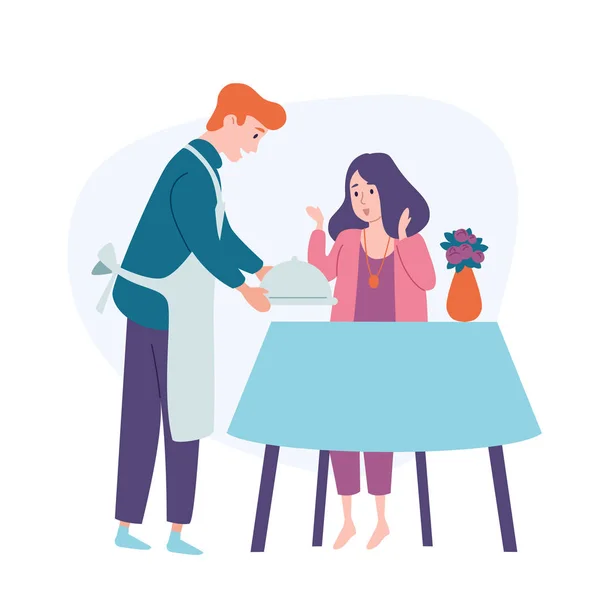 Man serve table, bring food to his wife Husband feeding woman. Family couple Festive meal holiday dinner. — Stock Vector