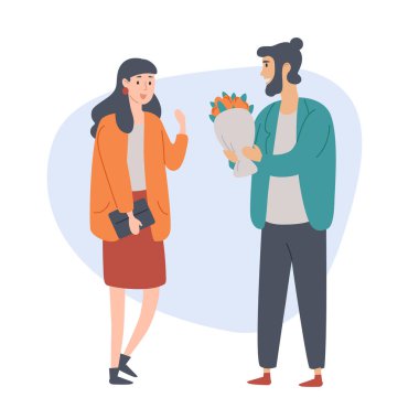Young man gives a flovers to his girlfriend. Congratulation, celebration, love, relationship.