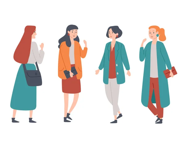 Dört genç kadın birlikte kadın öğrenciler, arkadaşlar, iş arkadaşları ayakta bir grup portresi — Stok Vektör
