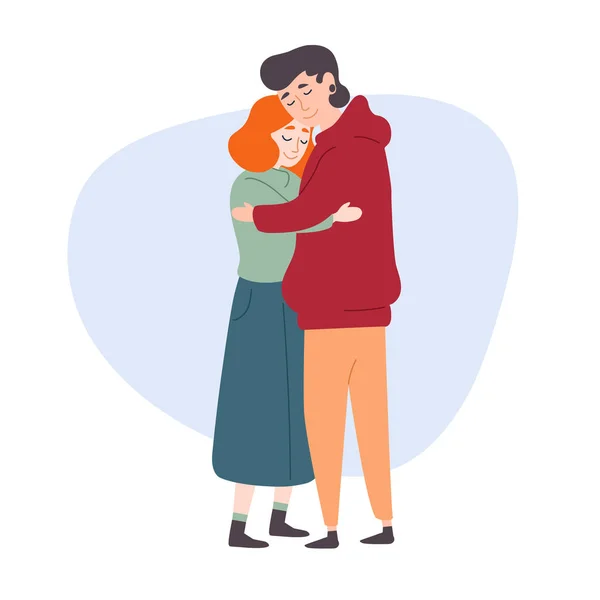 Ο άνθρωπος αγκαλιάζει μια γυναίκα. Νεαρό ζευγάρι στην αγάπη. Ρομαντικό, ημερομηνία. — Διανυσματικό Αρχείο