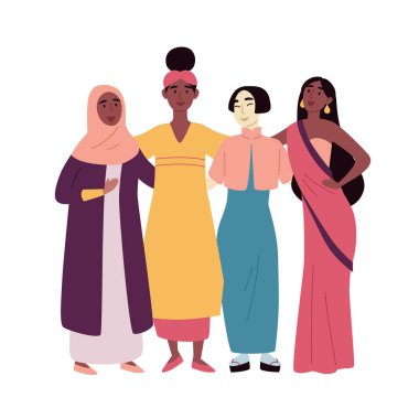 Farklı çok ırklı ve çok kültürlü insan grubu. Sosyal çeşitlilik, dostluk. Afrikalı, Asyalı, Müslüman, Hintli kadınlar.